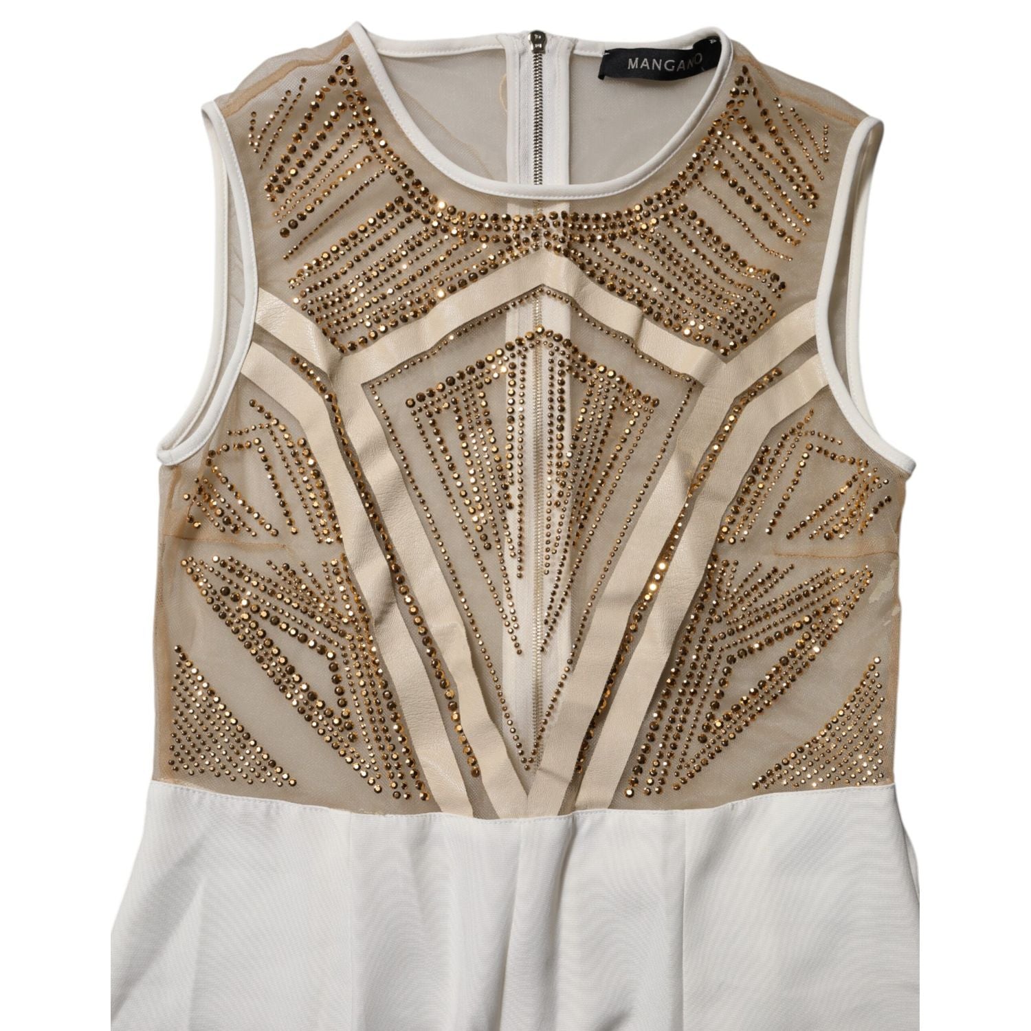 Mangano White Beige Mesh Crystal Embellished Sleeveless Jumpsuit
