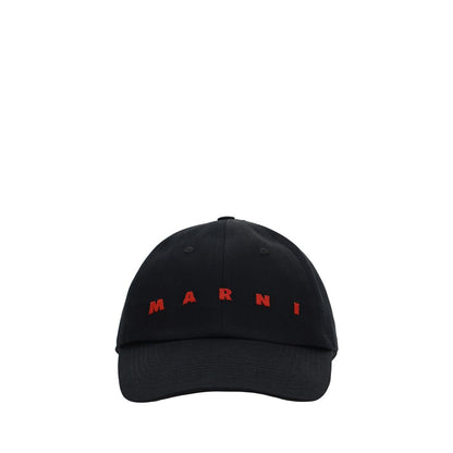 Marni Black Cotton Cap (Baseball Hat) with red monogram, adjustable back closure, 100% cotton, stylish accessory for AW25 collection.