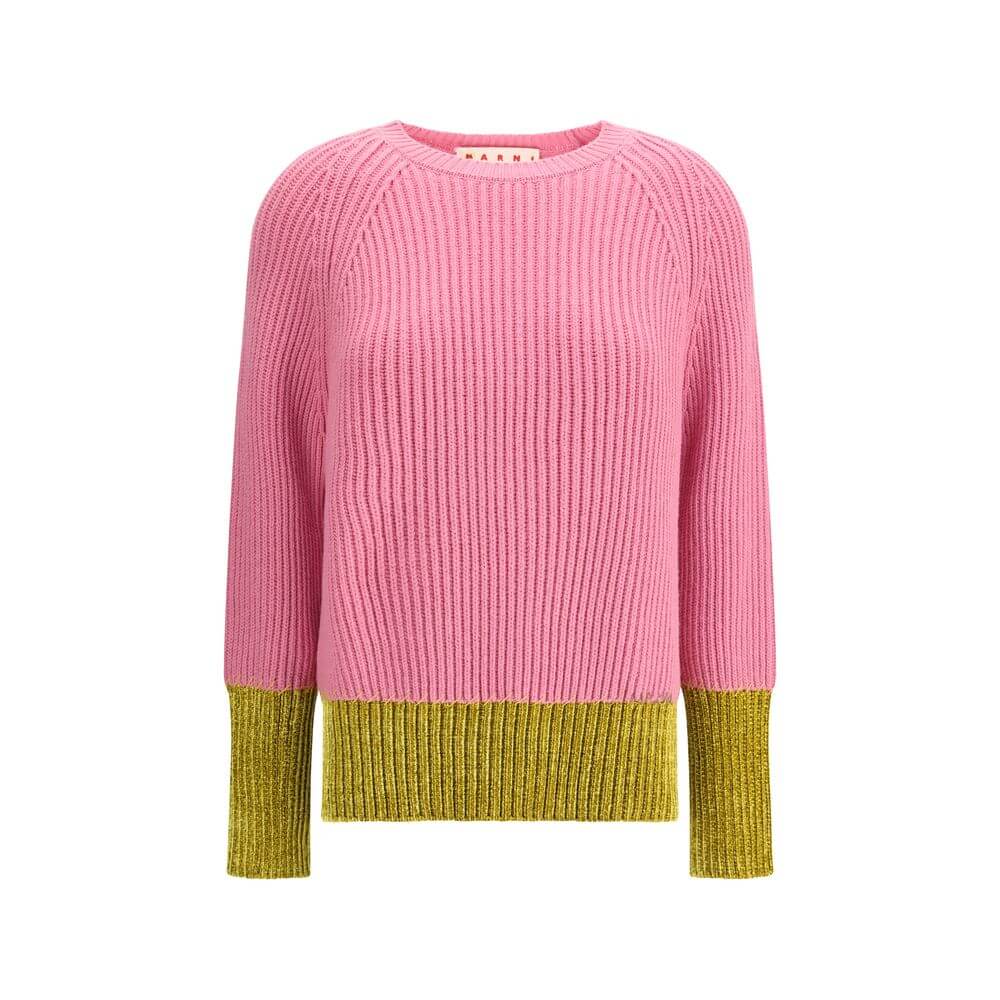Marni Multicolor Fleece Wool Sweatshirt with pink and green color-block design, English rib knit, handcrafted logo, and long sleeves.