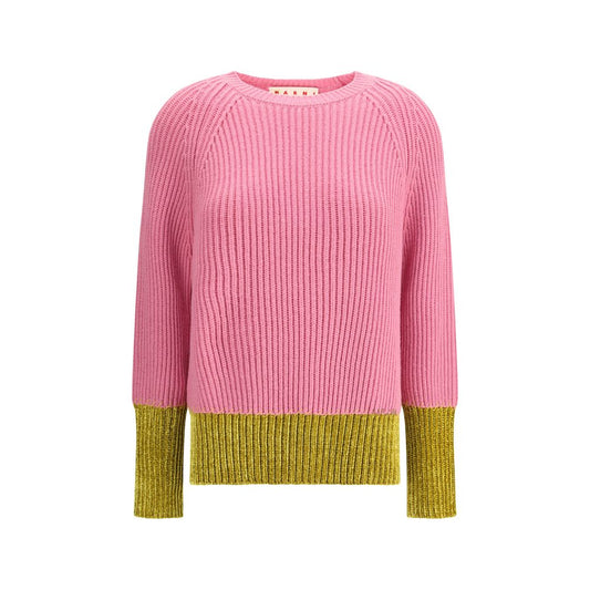 Marni Multicolor Fleece Wool Sweatshirt with pink and green color-block design, English rib knit, handcrafted logo, and long sleeves.