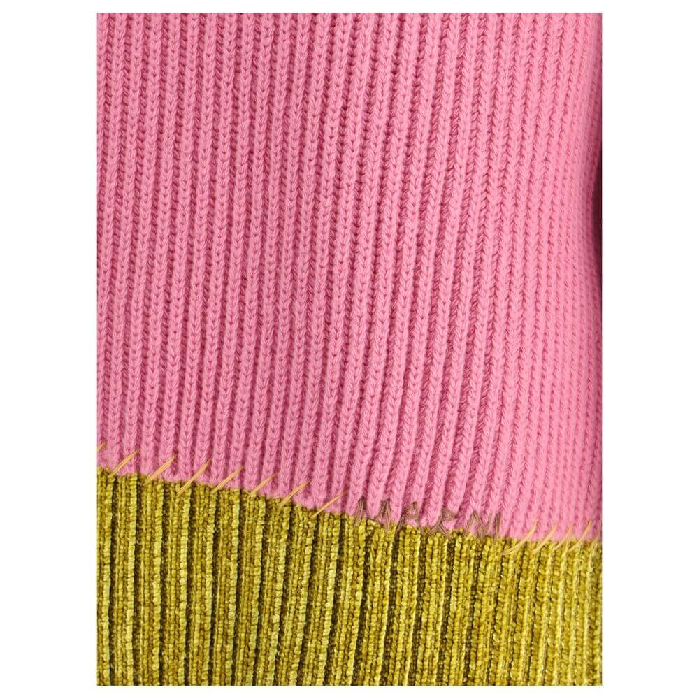 Close-up of Marni Multicolor Fleece Wool Sweatshirt showcasing pink and yellow rib-knit texture.