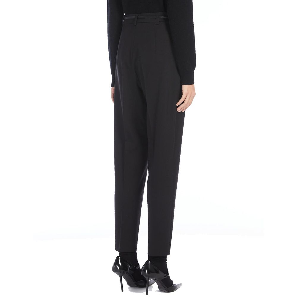 Back view of Max Mara Prosit Classic Pants in virgin wool with side pockets and coordinated belt, worn by a model, made in Italy.