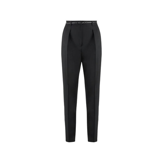 Max Mara Prosit Classic Pants in black with belt, two side pockets, and double front pleats, made of 97% virgin wool.