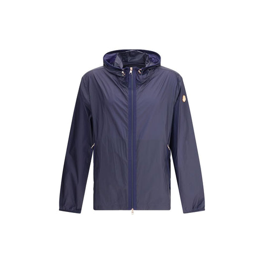 Moncler x Donald Glover Blue Nylon Shell Jacket, waterproof with hood and zip pockets, ideal for variable weather conditions.