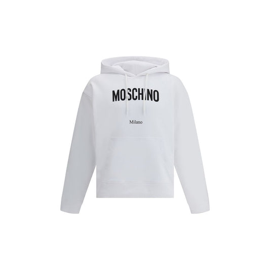 Alt Tag: Moschino White Cotton Sweatshirt with black monogram, hood, and pouch pocket.