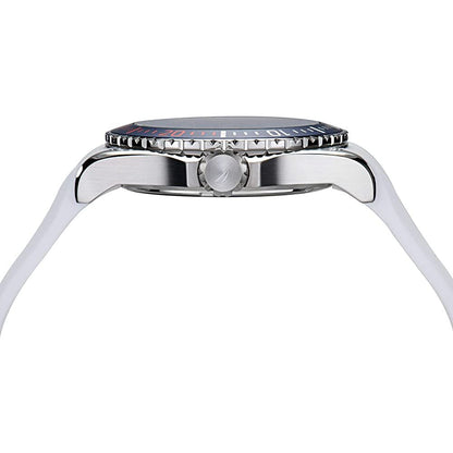 Side view of NAUTICA Mod. NAPCPS902 gent's quartz analog multifunction watch with 10 ATM water resistance and mineral dial.