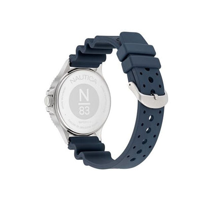 Rear view of NAUTICA Mod. NAPCBS304 watch with black strap, featuring quartz analog movement, 5 ATM water resistance, and mineral dial.