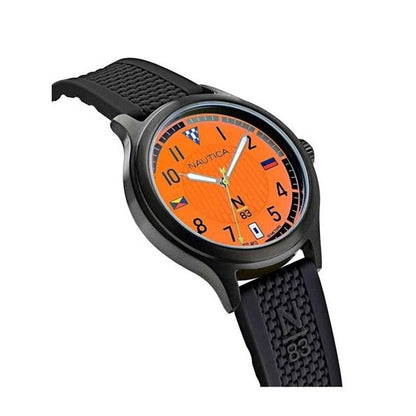 NAUTICA Mod. NAPCFS915 gent's quartz analog watch with orange dial and black bracelet, 43mm, in official packaging.