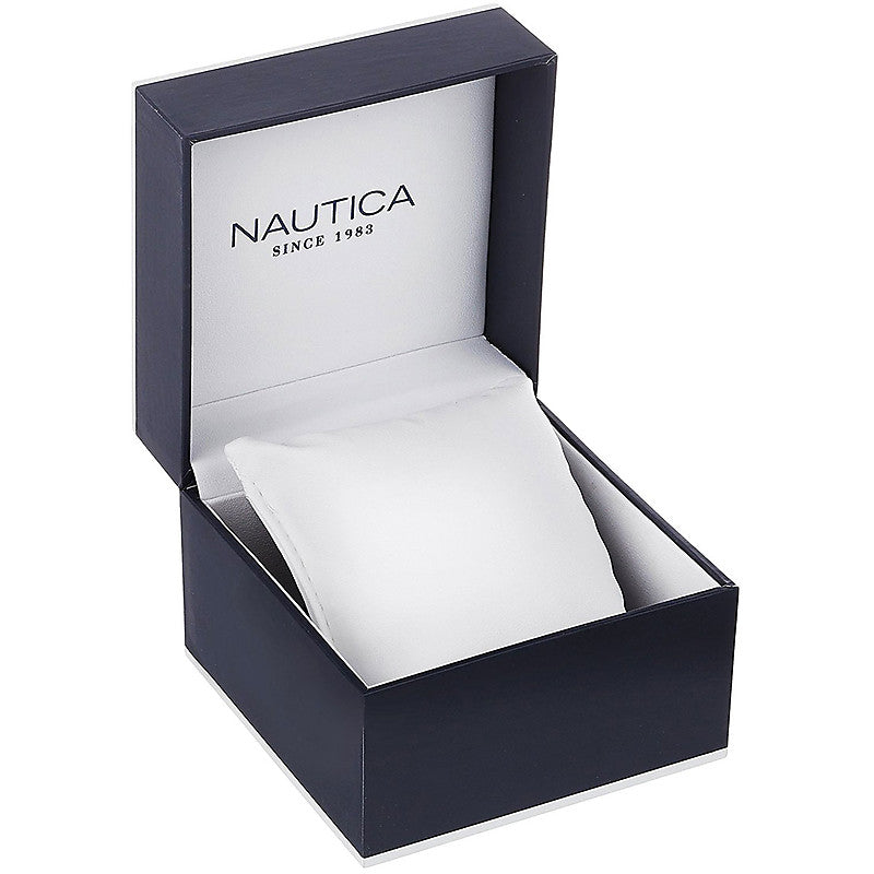 Official packaging box for NAUTICA Mod. NAPOBF117 watch, showcasing elegant design and craftsmanship.