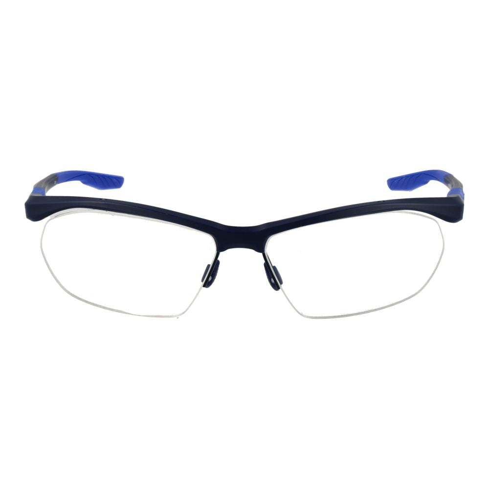 Nike Blue Men Glasses Frame, half-rim rectangular style with stainless steel and blue accents, size 58-15-145.