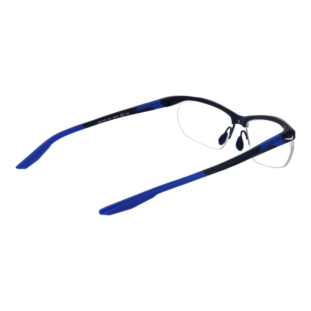 Nike Blue Men Glasses Frame in stainless steel half-rim, rectangle style with blue color, size 58-15-145, featuring demo lenses.