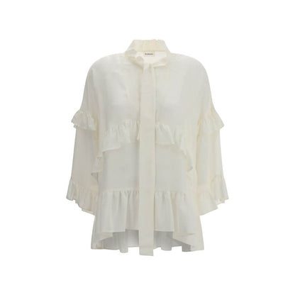 P.A.R.O.S.H. Cream Silk Blouse featuring ruffles, V-neck, and bow closure, made of 100% silk for AW25 season, made in Italy.