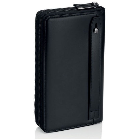 Porsche Pelletteria Mod. OBE09916-001 black leather zippered wallet standing upright on white background