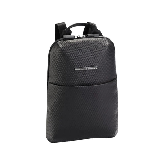 PORSCHE PELLETTERIA MOD. OSU01621-001 black textured backpack with front pocket and zipper closure.