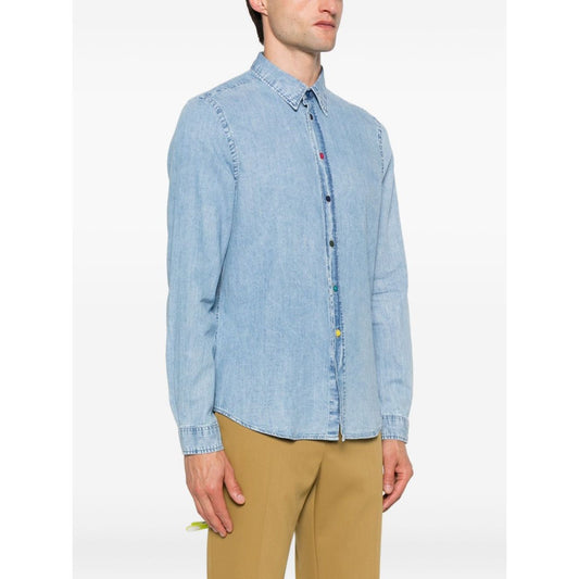 PS By Paul Smith Shirts Clear Blue light blue denim long sleeve shirt with classic collar and press stud fastening.