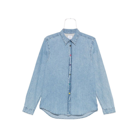 PS By Paul Smith Shirts Clear Blue, light blue denim long sleeve shirt with classic collar and press stud fastening, striped cotton.