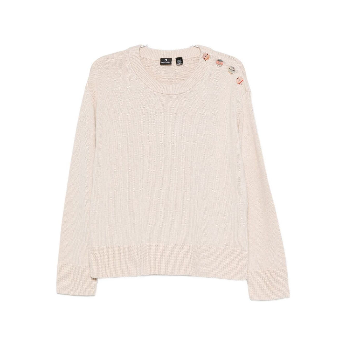 Alt Tag: PS By Paul Smith Sweaters Beige with button embellishment, round neck, long sleeves, and ribbed hem, made of wool and cotton.