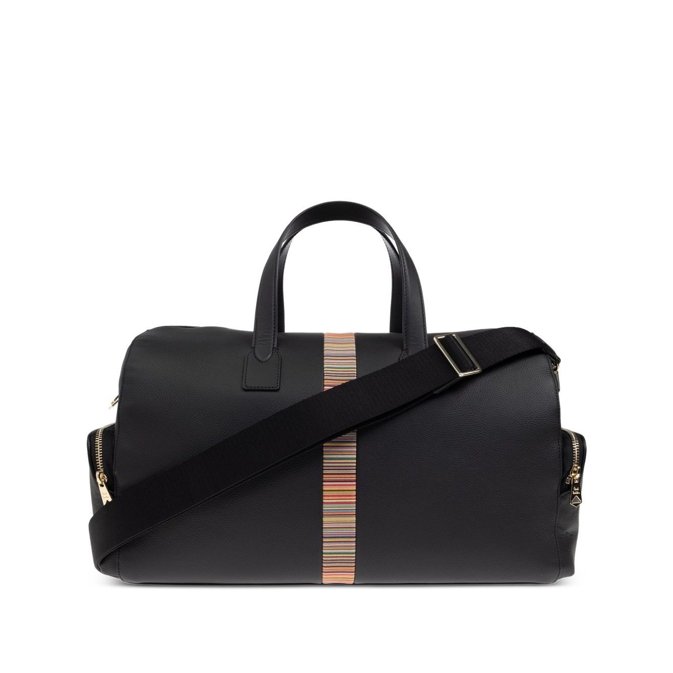 Paul Smith Leather 'Signature Stripe' Trim Holdall with top handles, detachable shoulder strap, and colorful stripe detail on a black bag.