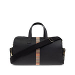 Paul Smith Leather 'Signature Stripe' Trim Holdall with top handles, detachable shoulder strap, and colorful stripe detail on a black bag.