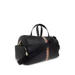 Black Paul Smith Leather 'Signature Stripe' Trim Holdall with top handles, adjustable shoulder strap, and top zip fastening.
