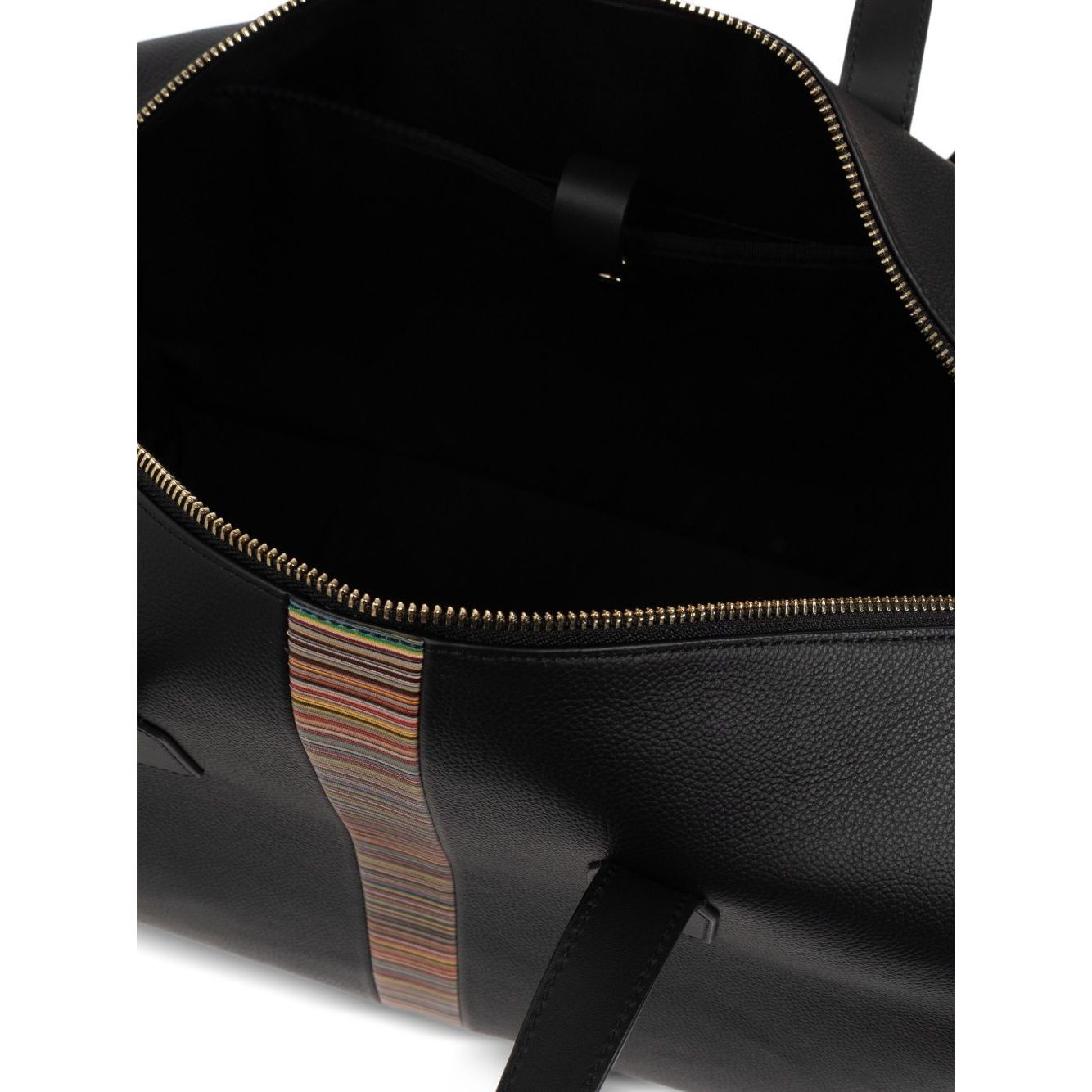 Paul Smith Leather 'Signature Stripe' Trim Holdall with top zip, black leather, adjustable strap, and iconic stripe detail.