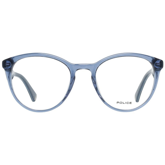 Police Blue Women Glasses Frame, full-rim, butterfly style, blue plastic, size 50-20-140, with demo lenses and branded case included.