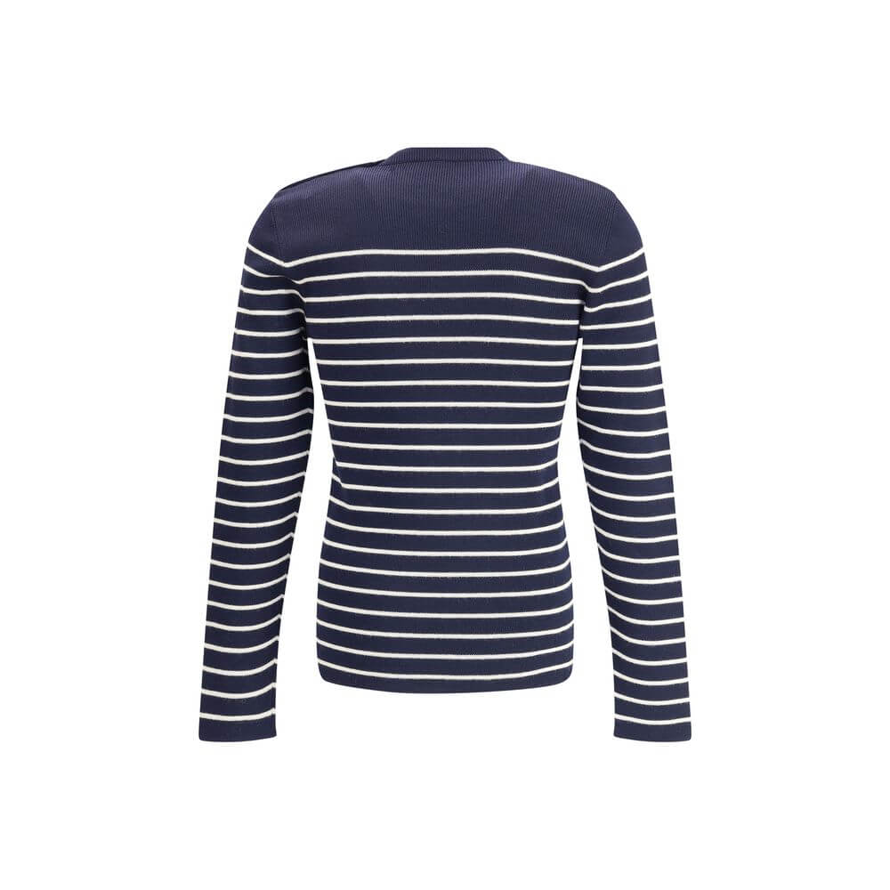 Back view of Prada Blue Fleece Wool Sweatshirt, featuring a striped pattern and jacquard signature, made of 100% fleece wool.