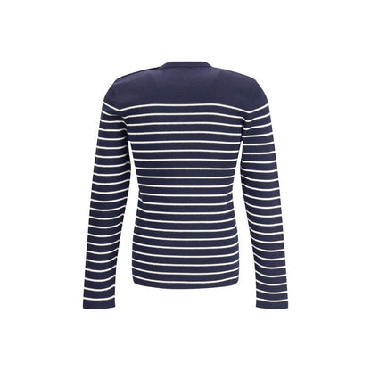 Back view of Prada Blue Fleece Wool Sweatshirt, featuring a striped pattern and jacquard signature, made of 100% fleece wool.