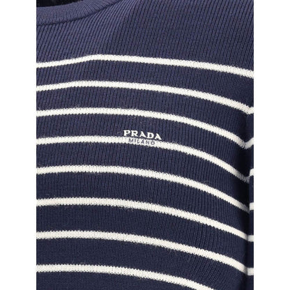 Close-up of Prada Blue Fleece Wool Sweatshirt with striped pattern and Prada jacquard signature