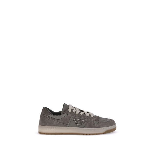Prada Gray Calf Leather Bos Taurus Low Top Sneakers with suede texture and lace-up closure for casual elegance and comfort.