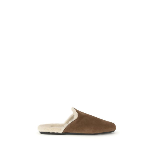 Prada Suede Mules with sheepskin lining and rubber sole, showcasing relaxed elegance and comfort in a contemporary design.