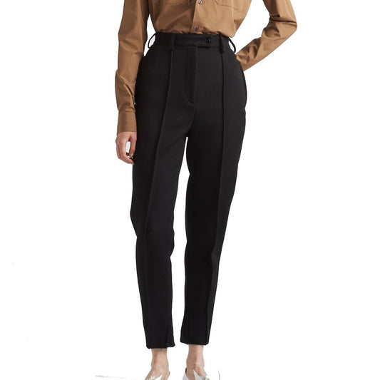 Woman wearing high-waist Prada Wool Pants with belt loops and two side pockets, made from 100% virgin wool.