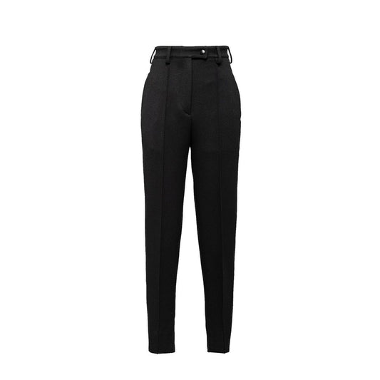 Prada Wool Pants for women, high waist, 100% virgin wool with side pockets and belt loops, shown in black.
