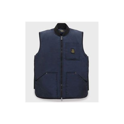 Refrigiwear Blue Polyamide Men Vest with zipper closure and pockets, stylish sleeveless down jacket for summer.
