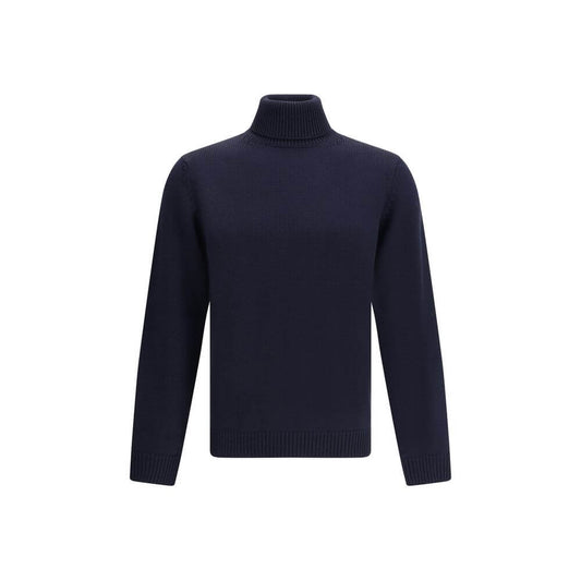 Roberto Collina Blue Merino Wool Turtleneck with ribbed collar, perfect for refined smart or casual looks, made from 100% Merino wool.
