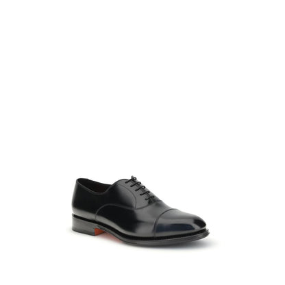 Santoni Black Calf Leather Bos Taurus Oxfords And Derbies showcasing elegant hand-antiqued design with a classic silhouette and Goodyear construction.
