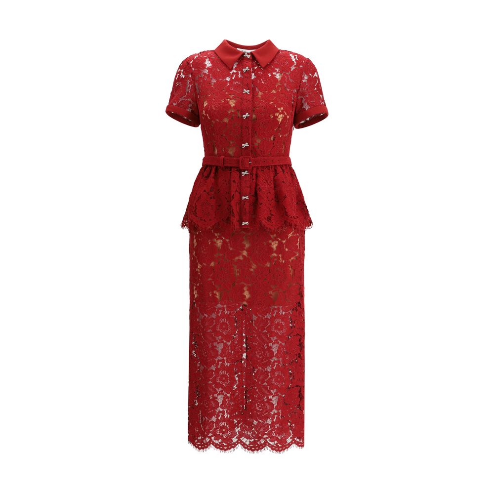 Self-Portrait Lace midi Dress in red with short sleeves, collar, rhinestone bow buttons, peplum detail, and adjustable belt, AW25 collection.