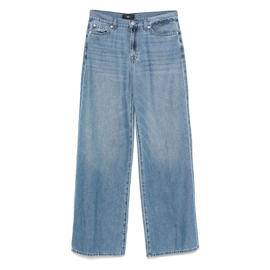 Seven Jeans Blue wide-leg denim jeans with light blue wash, concealed fly, button fastening, belt loops, five pockets, and rear logo patch.