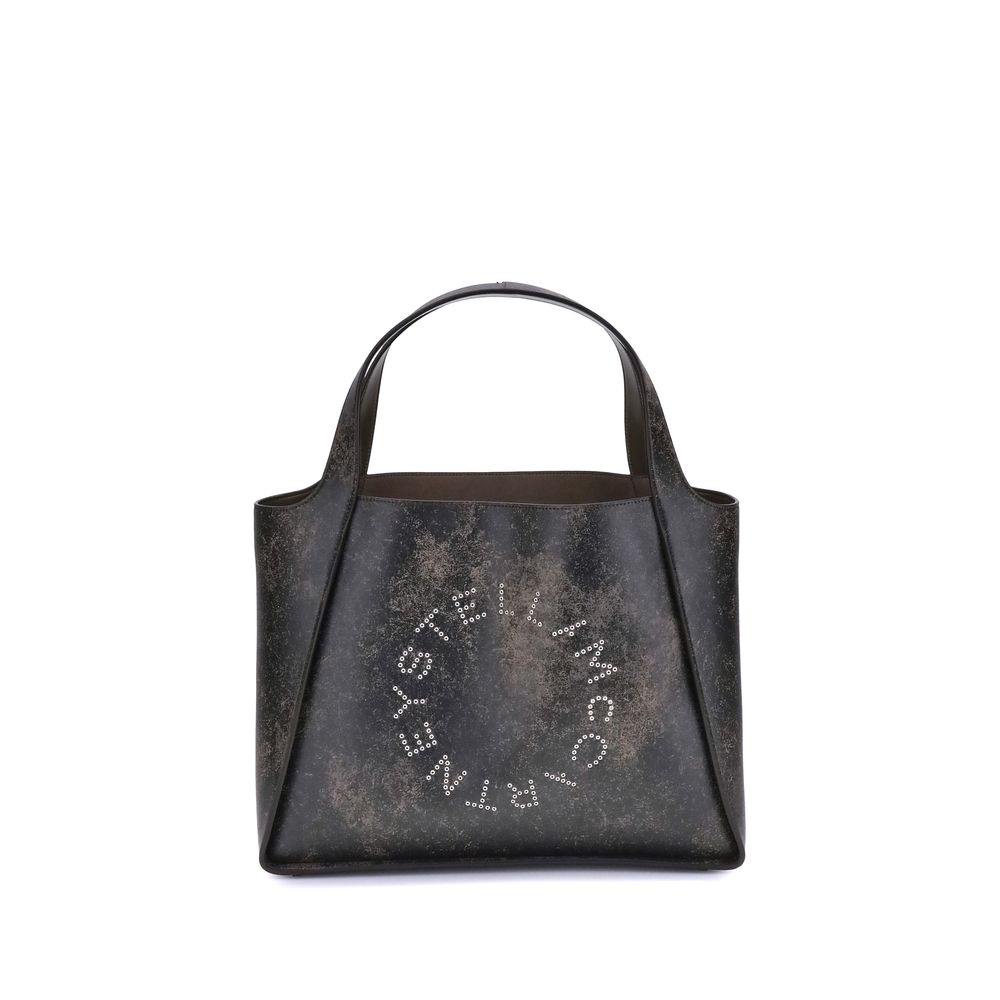 Stella McCartney Brown Calf Leather Bos Taurus Shoulder Bag with logo eyelets and aged-effect finish, two top handles, front view.