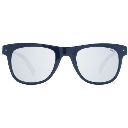 Alt Tag: Sting Blue Men Sunglass with full-rim acetate frame and mirrored grey lenses, 100% UVA & UVB protection.
