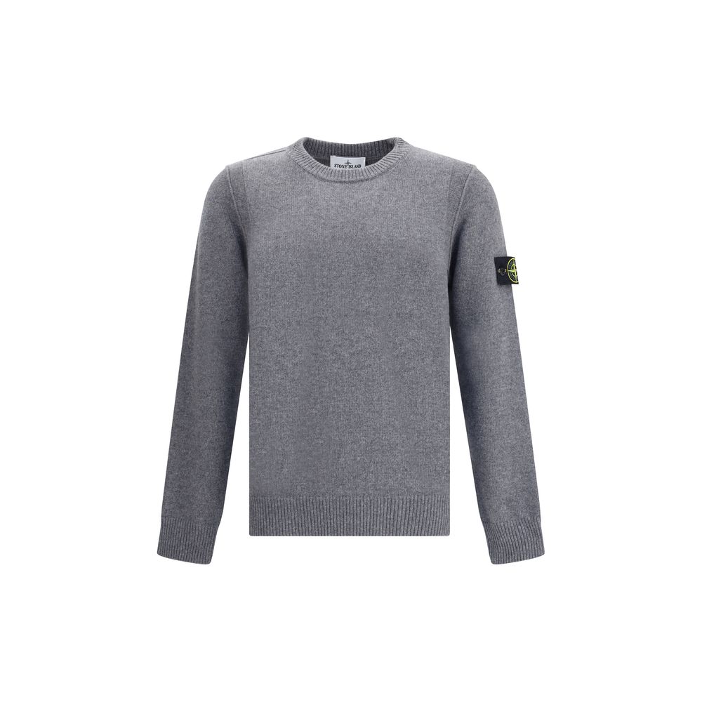 Stone Island Logoed Sweater in wool with ribbed crew neck and logo patch on sleeve, monochrome design, AW25 collection, made in Italy.
