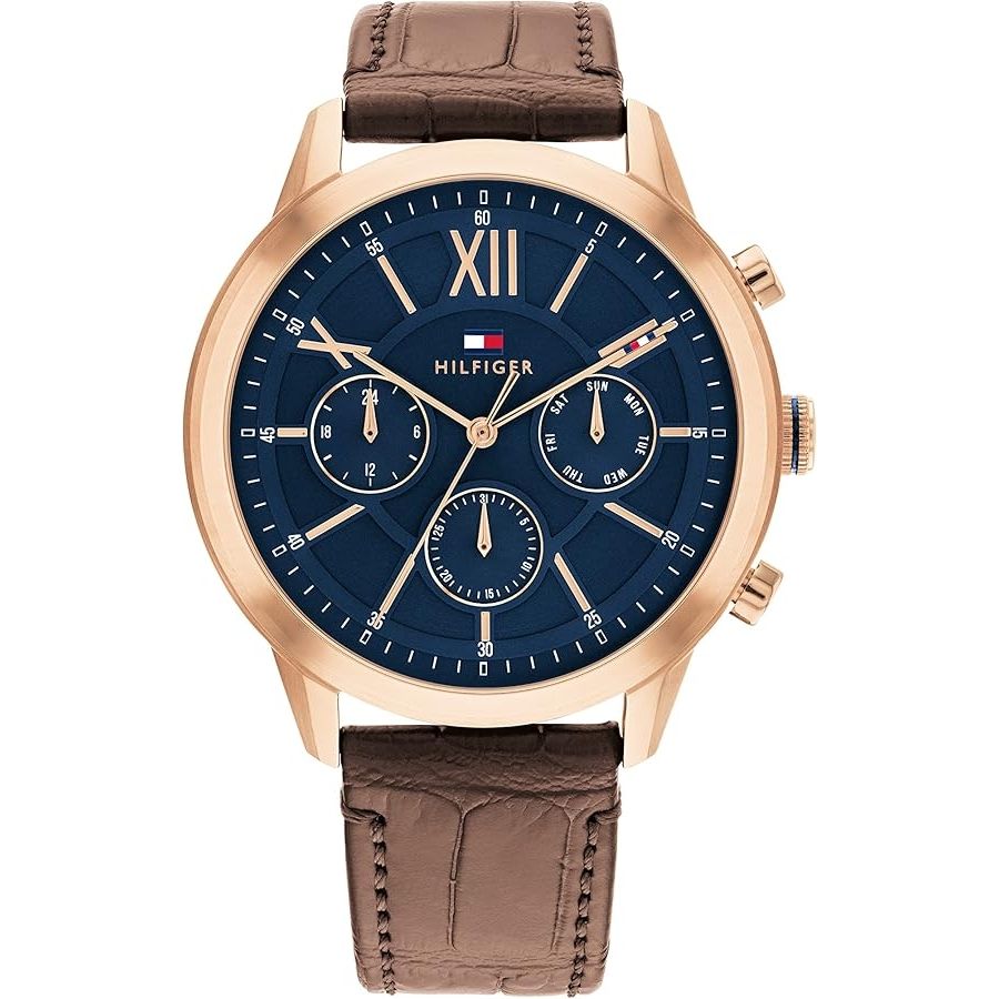 TOMMY HILFIGER Mod. 1710526 gent quartz analog watch, 44mm case, mineral dial, brown bracelet, water resistant 5 ATM, official box.