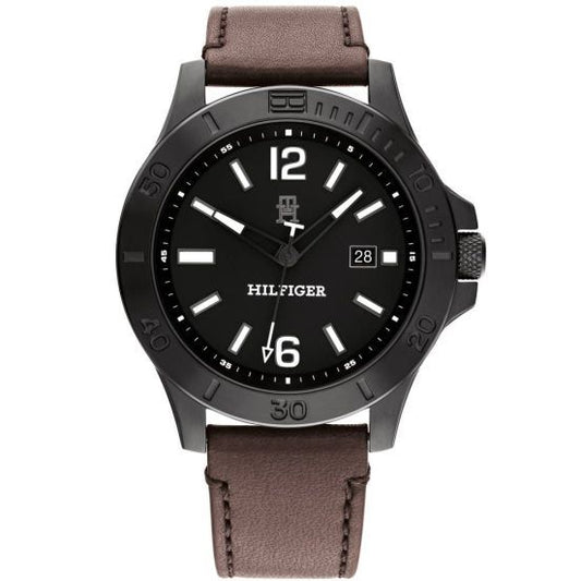 TOMMY HILFIGER Mod. 1710530 gent's quartz watch with 46mm mineral dial, brown strap, water resistant 5 ATM, includes official box packaging.