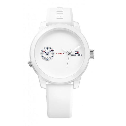 TOMMY HILFIGER Mod. 1791324 gent's quartz watch, 44mm case, 24h function, water-resistant, white dial and strap for stylish wear.