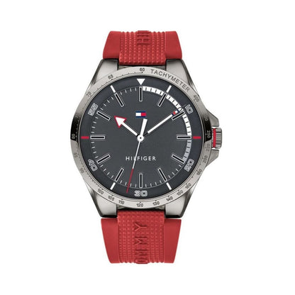 TOMMY HILFIGER Mod. 1791527 quartz analog watch for gents, 44mm case, red strap, multifunction, mineral dial, in official packaging.