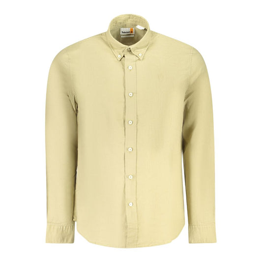 Timberland Beige Cotton Men Shirt featuring long sleeves and button-down collar for modern style and casual elegance.