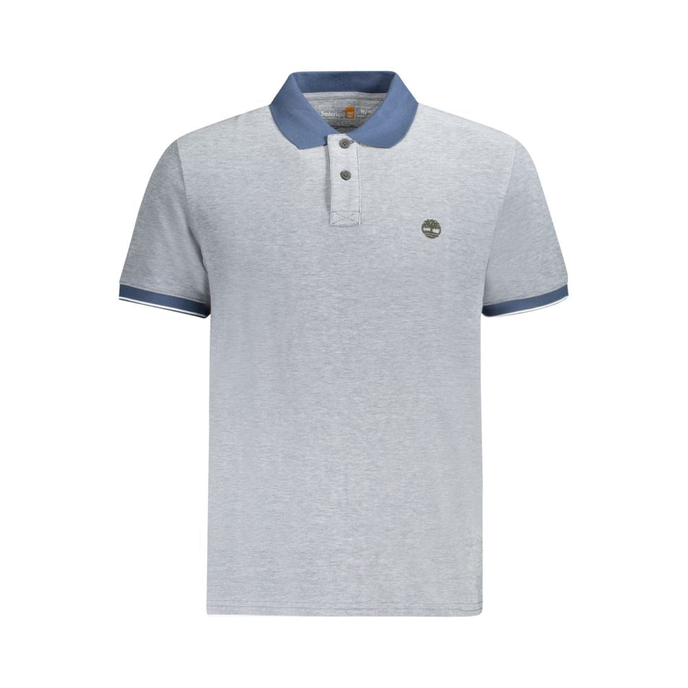 Alt Tag: Timberland Blue Cotton Polo Shirt with short sleeves, regular fit, two buttons, contrasting details, and embroidered logo.