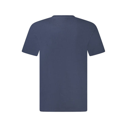 Back view of a Timberland Blue Cotton T-Shirt with short sleeves, crew neck, and embroidered logo design.