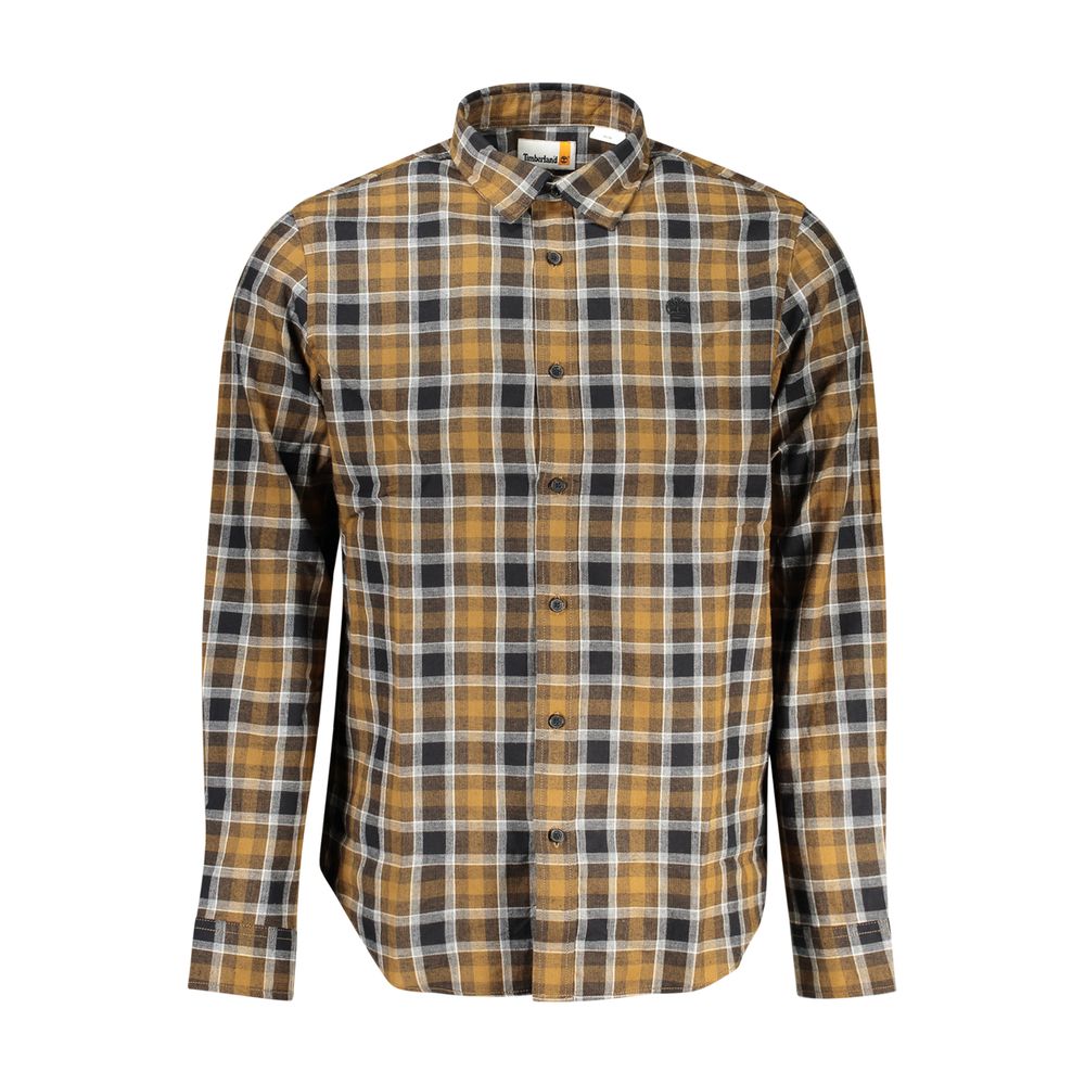 Timberland Brown Cotton Shirt with tartan pattern, long sleeves, Italian collar, 1 button cuffs, embroidery and logo detail.