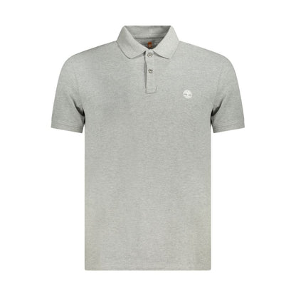 Alt Tag: Timberland Gray Cotton Polo Shirt, slim fit, short sleeves, 2 buttons, embroidery logo, stylish men's fashion.